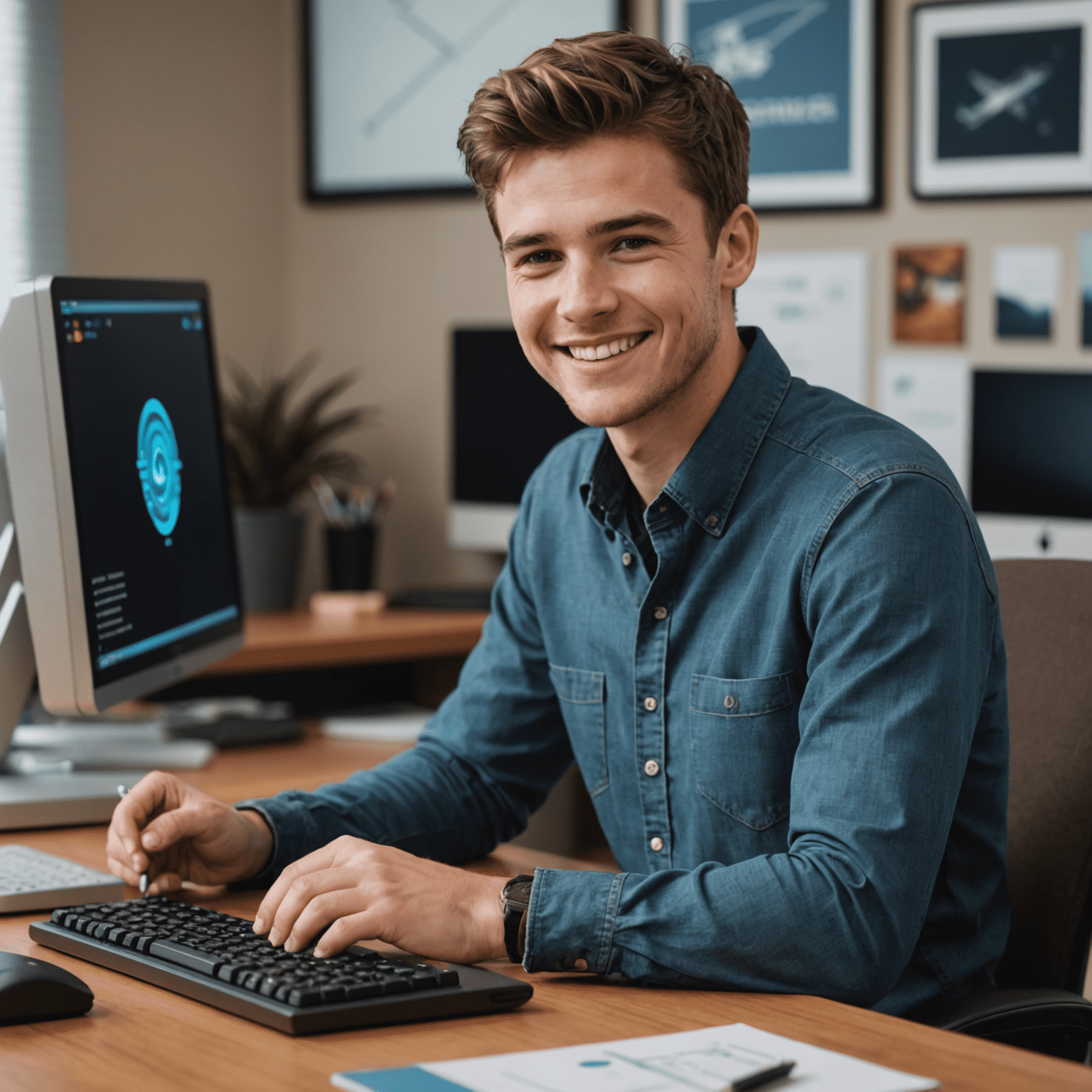 Liam Parker, a young American man with short brown hair and a friendly smile, sitting at a desk with a computer showing the CapCut interface