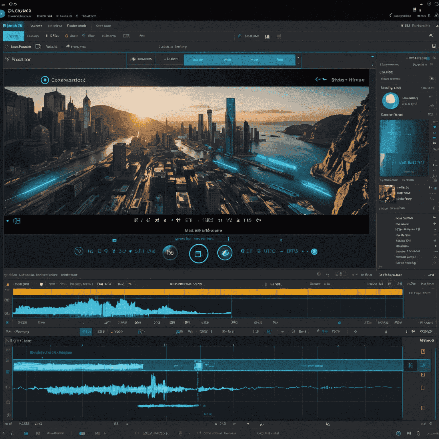 A futuristic interface of CapCut video editing software, showing timeline, effects panel, and preview window. The image has a blue and gold color scheme, with holographic elements floating above the interface.