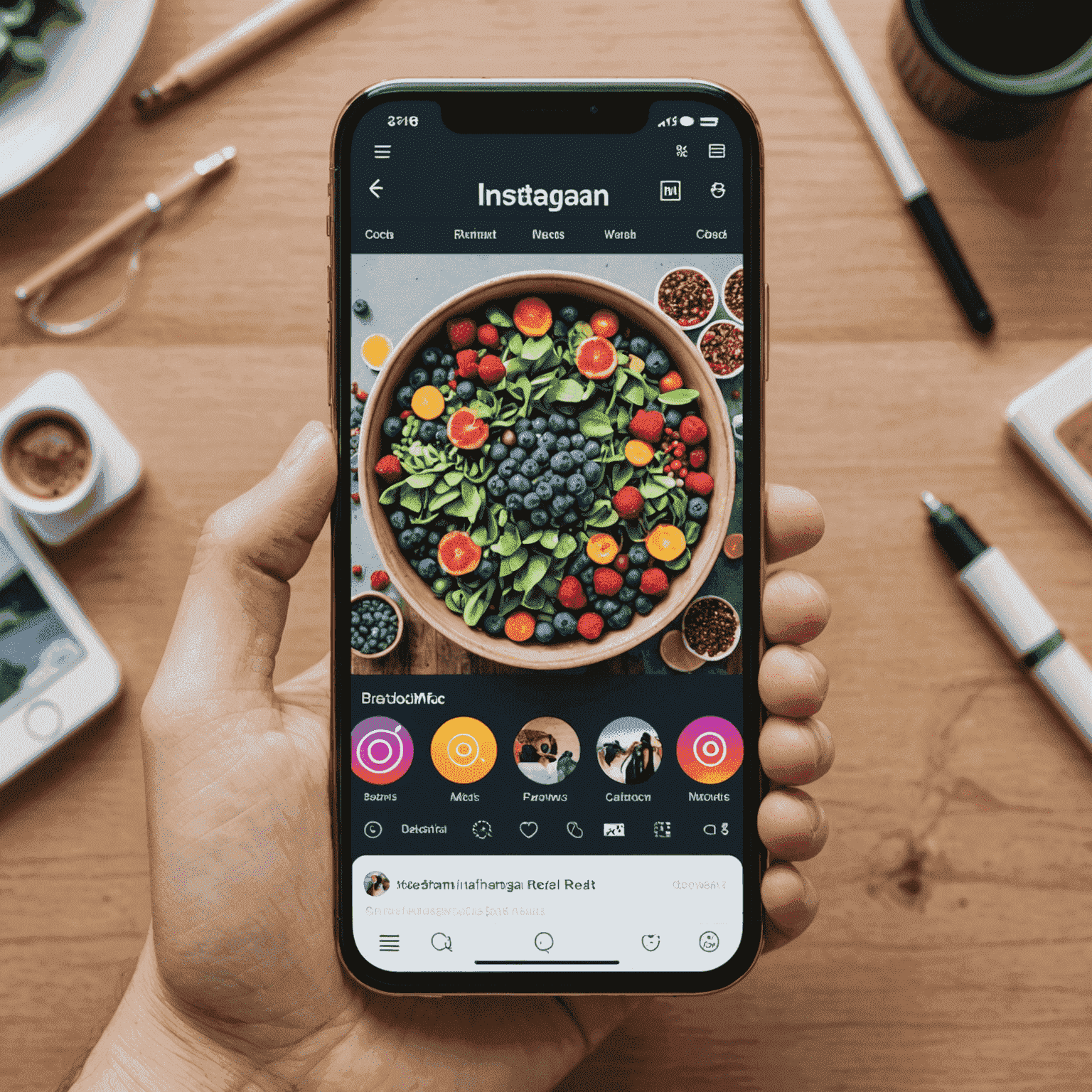 A smartphone displaying a viral Instagram Reel, with engagement metrics visible. The image shows a creative and eye-catching Reel content.